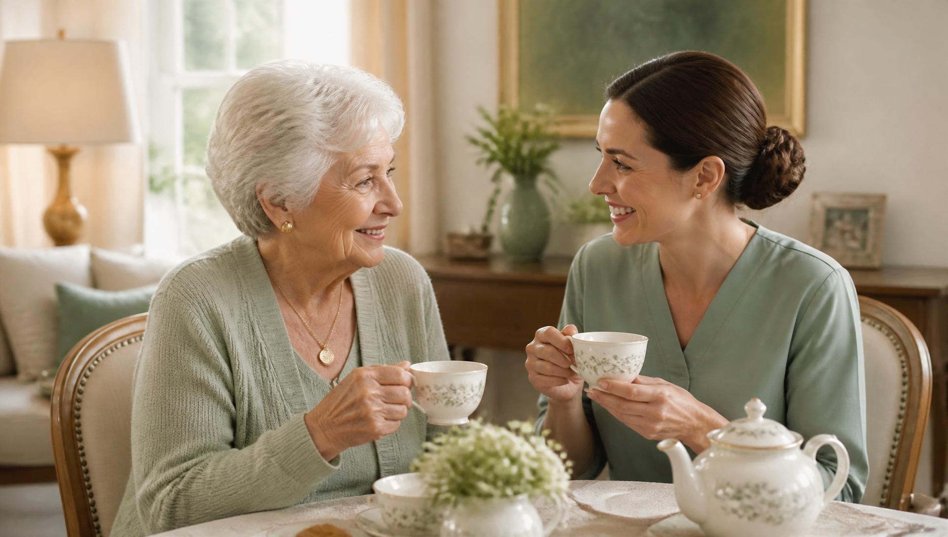 A caregiver gently holding the hand of an elderly woman seated in soft morning light