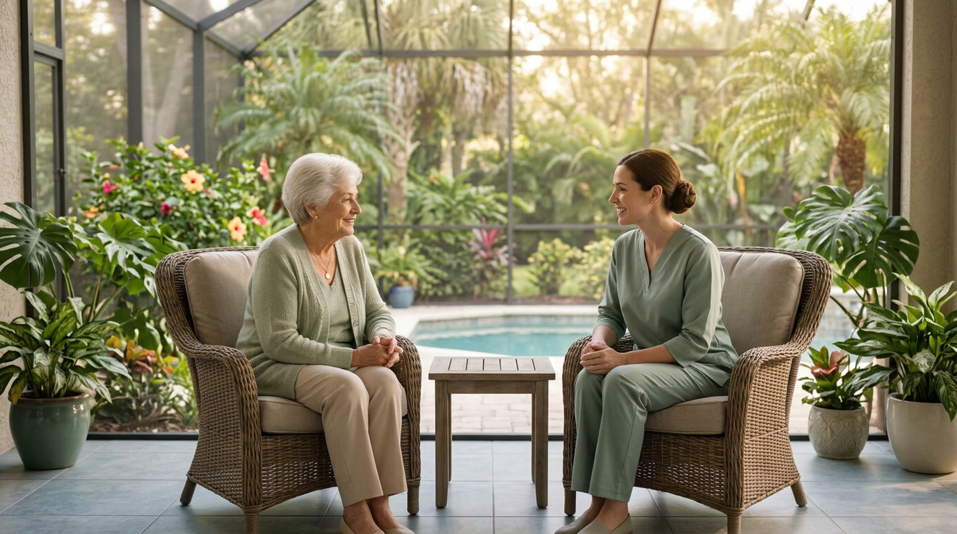 A caregiver gently holding the hand of an elderly woman seated in soft morning light